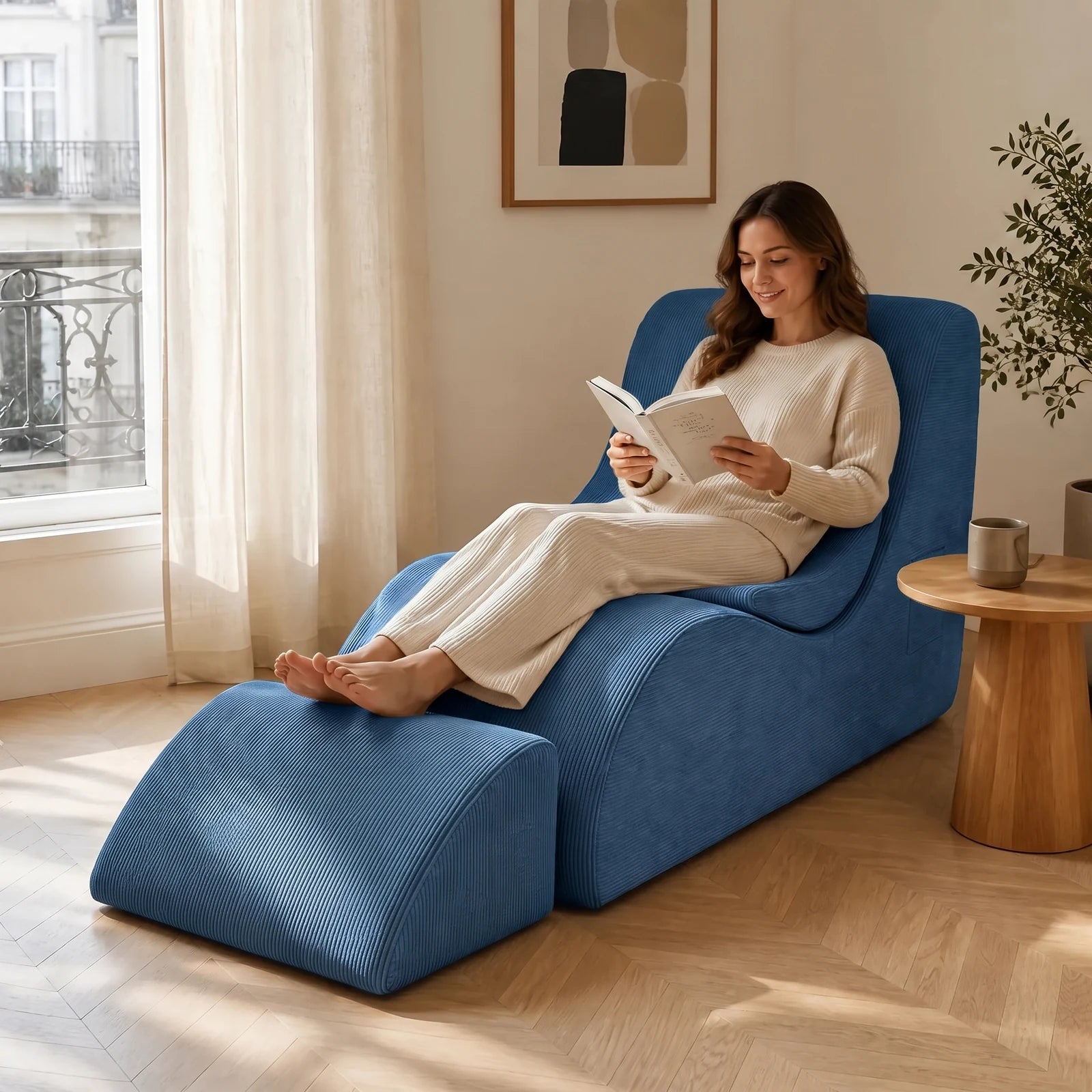 #Bleu Méridienne Wave Lounger bleu, installée dans un salon lumineux