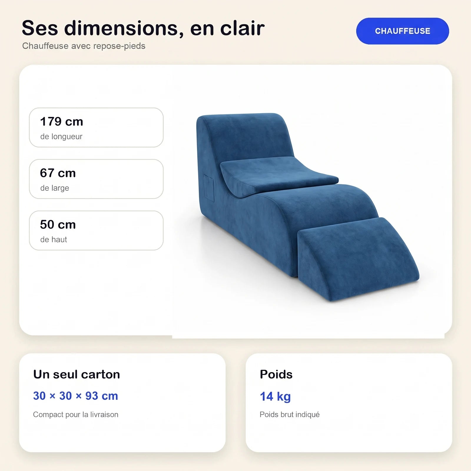 #Bleu Méridienne Wave Lounger bleu, dimensions 179 x 67 x 50 cm, carton de 30 x 30 x 93 cm, 14 kg