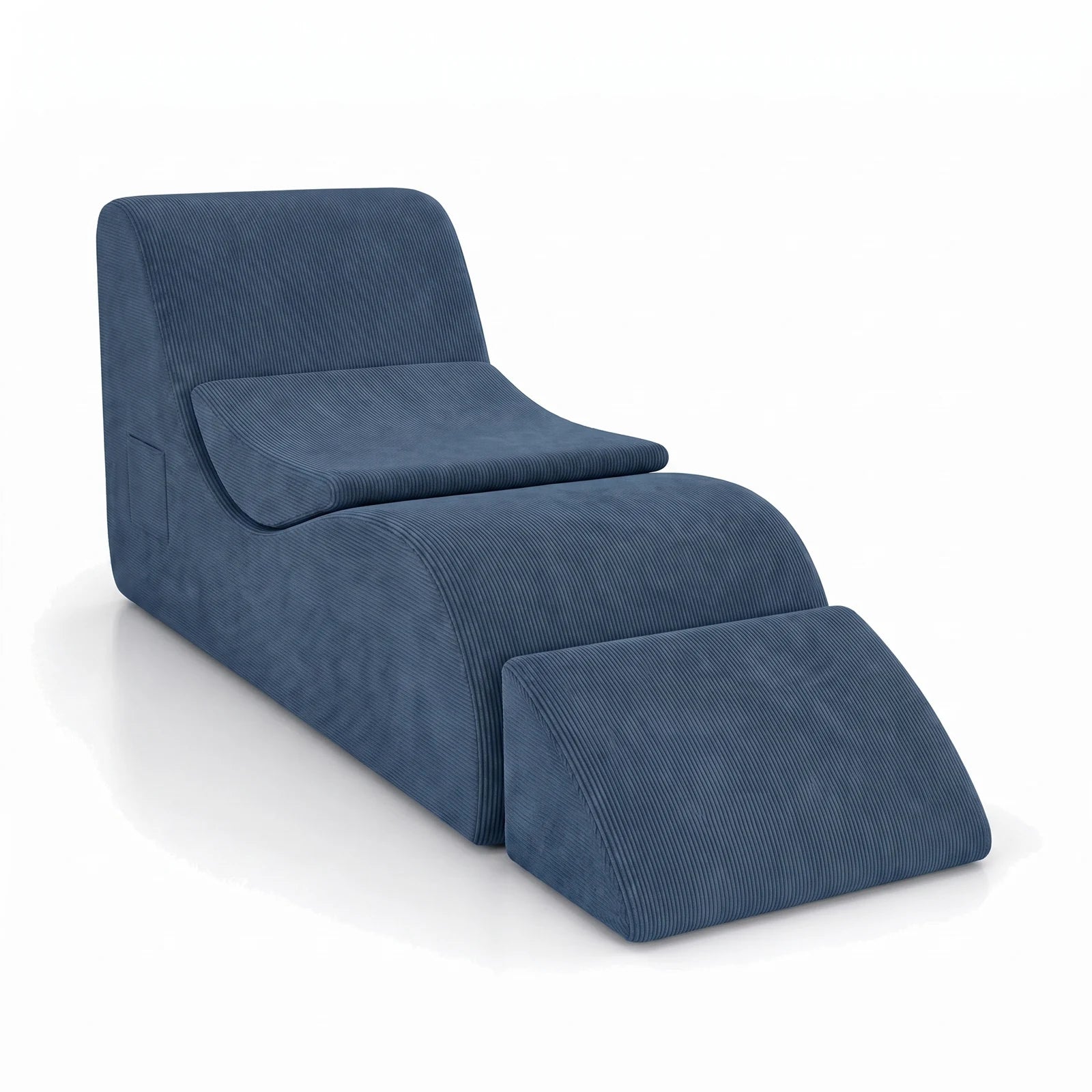 #Bleu Méridienne Wave Lounger bleu, vue de trois quarts droite avec son repose-pieds
