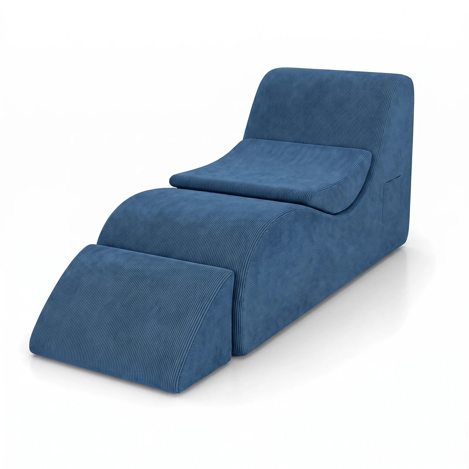 #Bleu Méridienne Wave Lounger bleu, vue de trois quarts gauche, profil continu