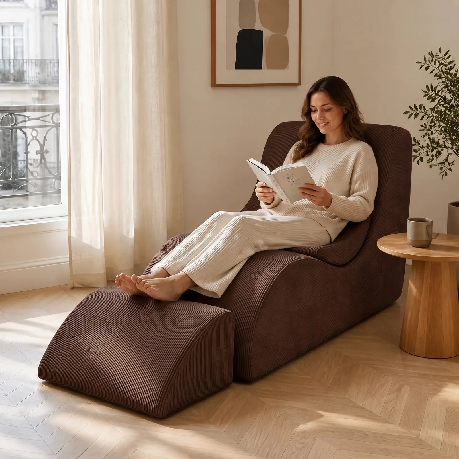 #Marron Méridienne Wave Lounger marron, installée dans un salon lumineux