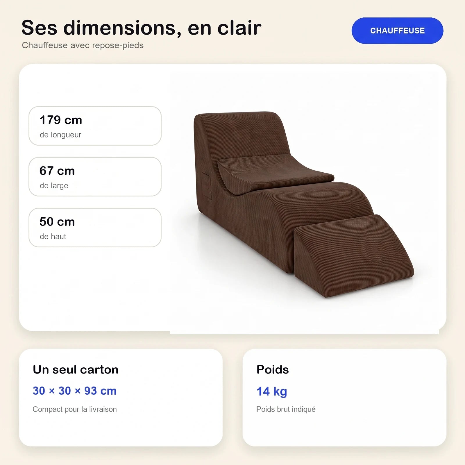 #Marron Méridienne Wave Lounger marron, dimensions 179 x 67 x 50 cm, carton de 30 x 30 x 93 cm, 14 kg
