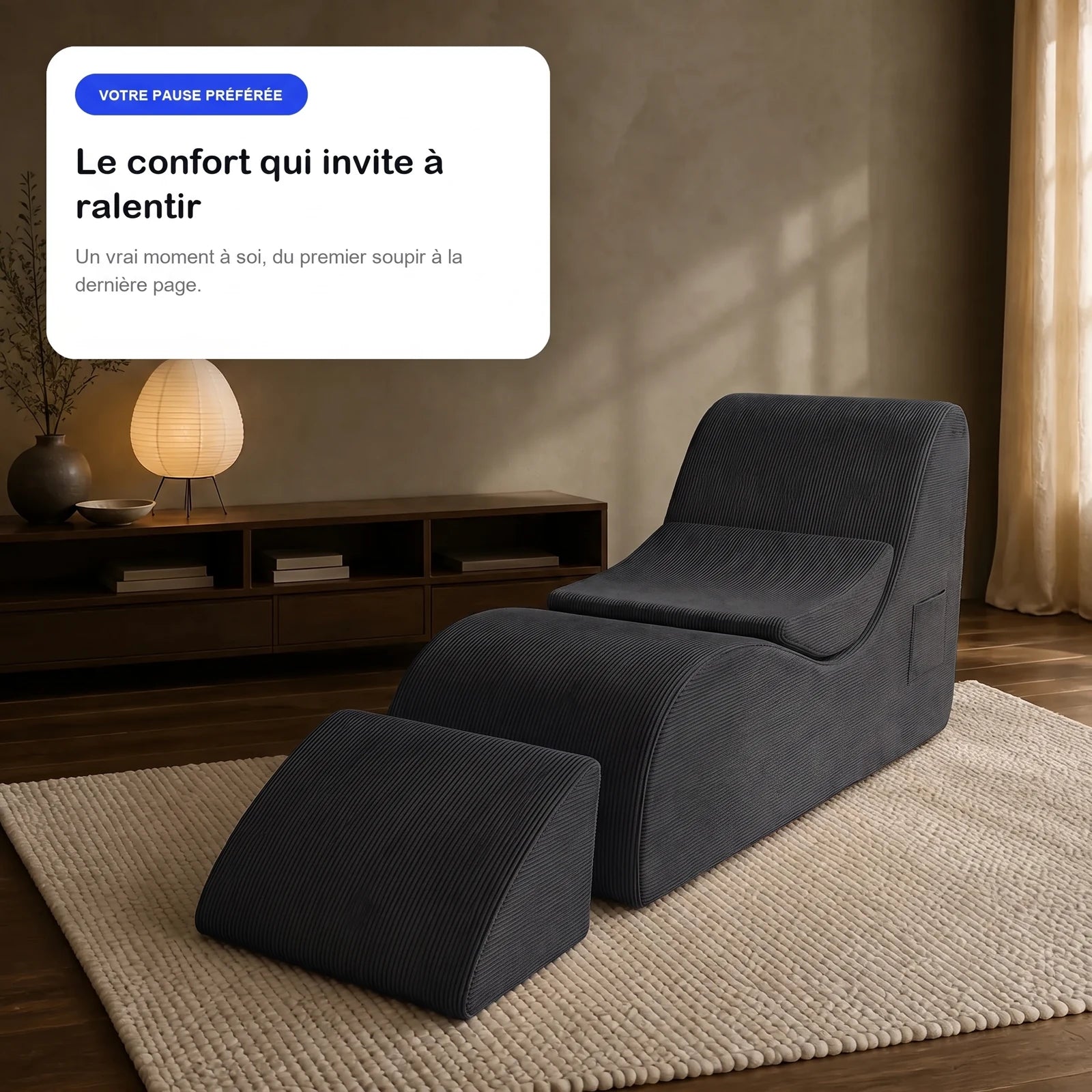 #Noir Méridienne Wave Lounger noir, en situation, ambiance détente