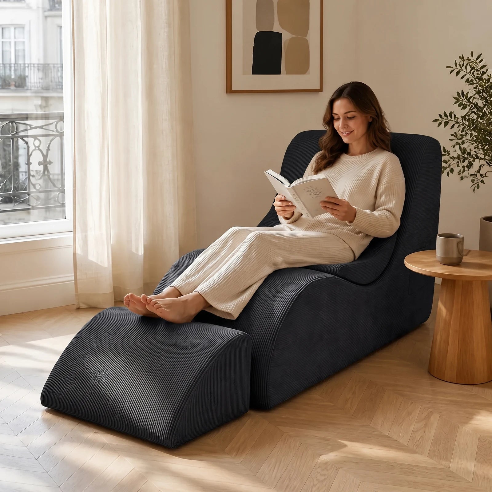 #Noir Méridienne Wave Lounger noir, installée dans un salon lumineux