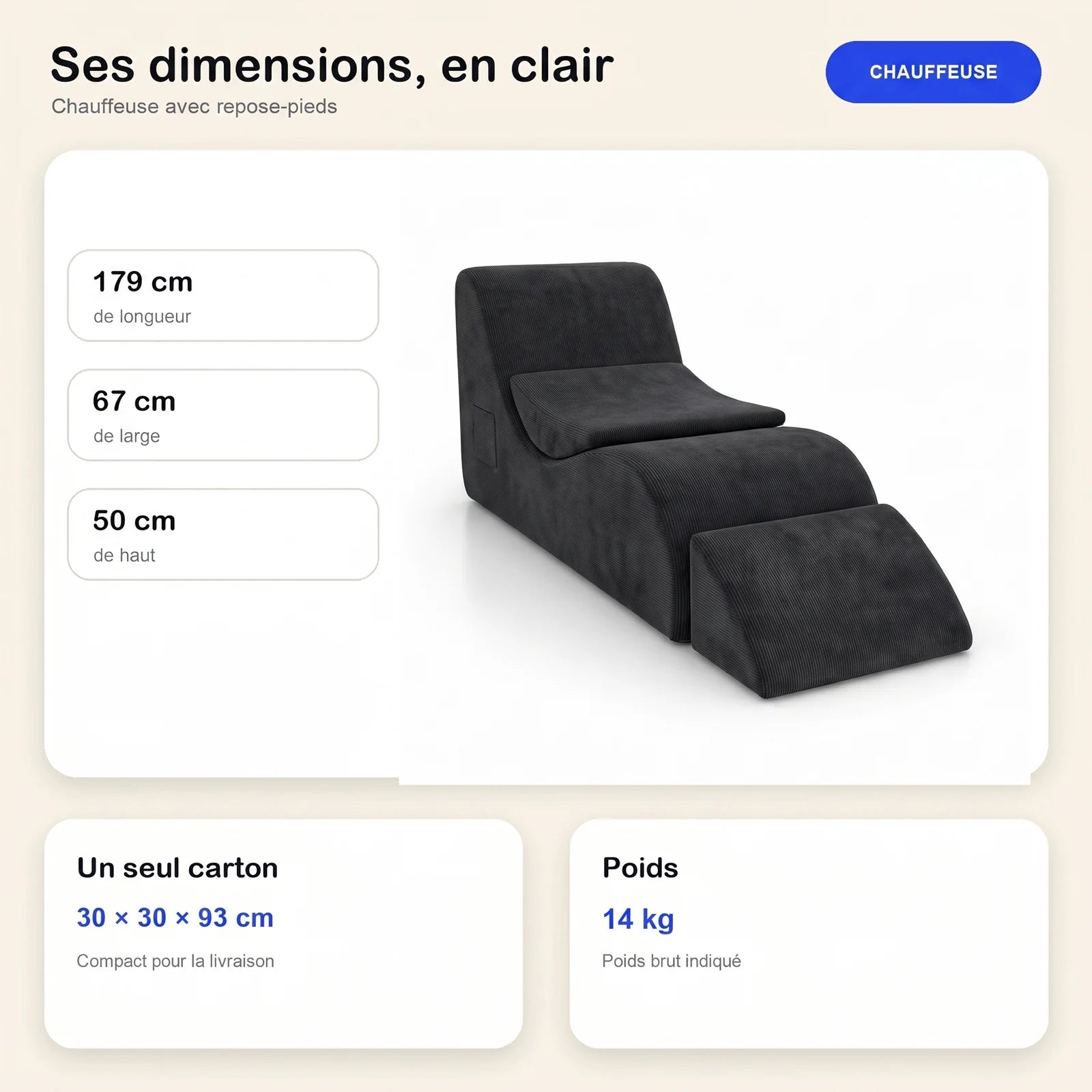 #Noir Méridienne Wave Lounger noir, dimensions 179 x 67 x 50 cm, carton de 30 x 30 x 93 cm, 14 kg