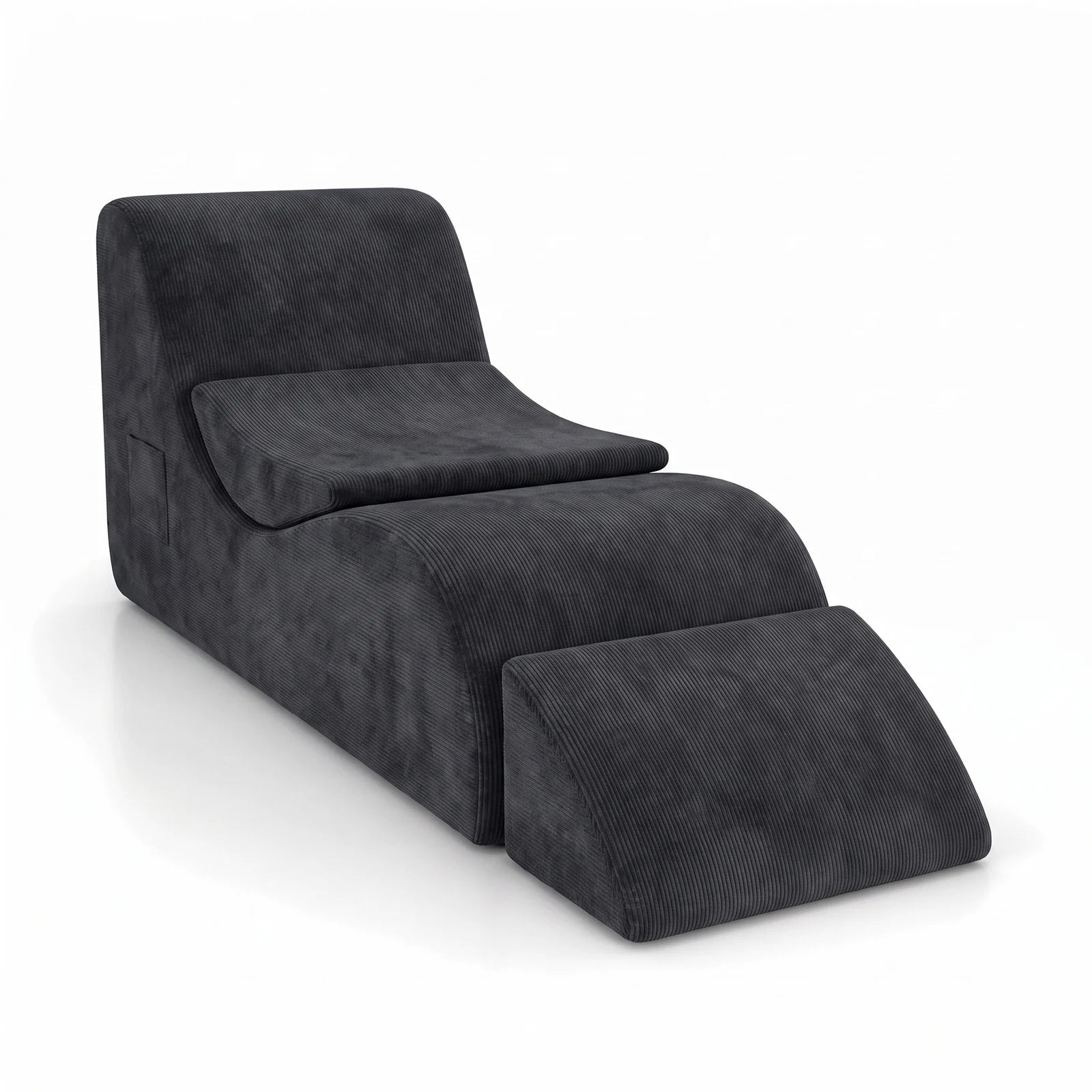 #Noir Méridienne Wave Lounger noir, vue de trois quarts droite avec son repose-pieds