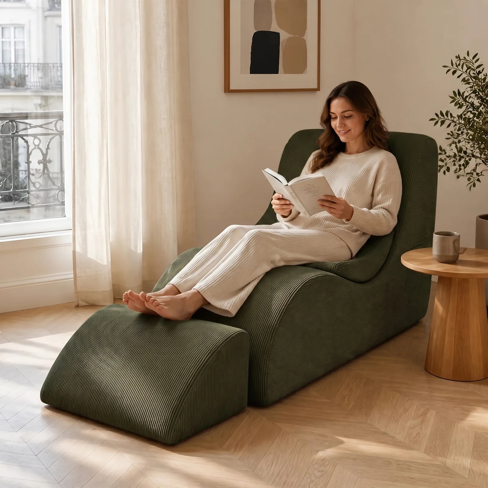 #Vert Méridienne Wave Lounger vert, installée dans un salon lumineux