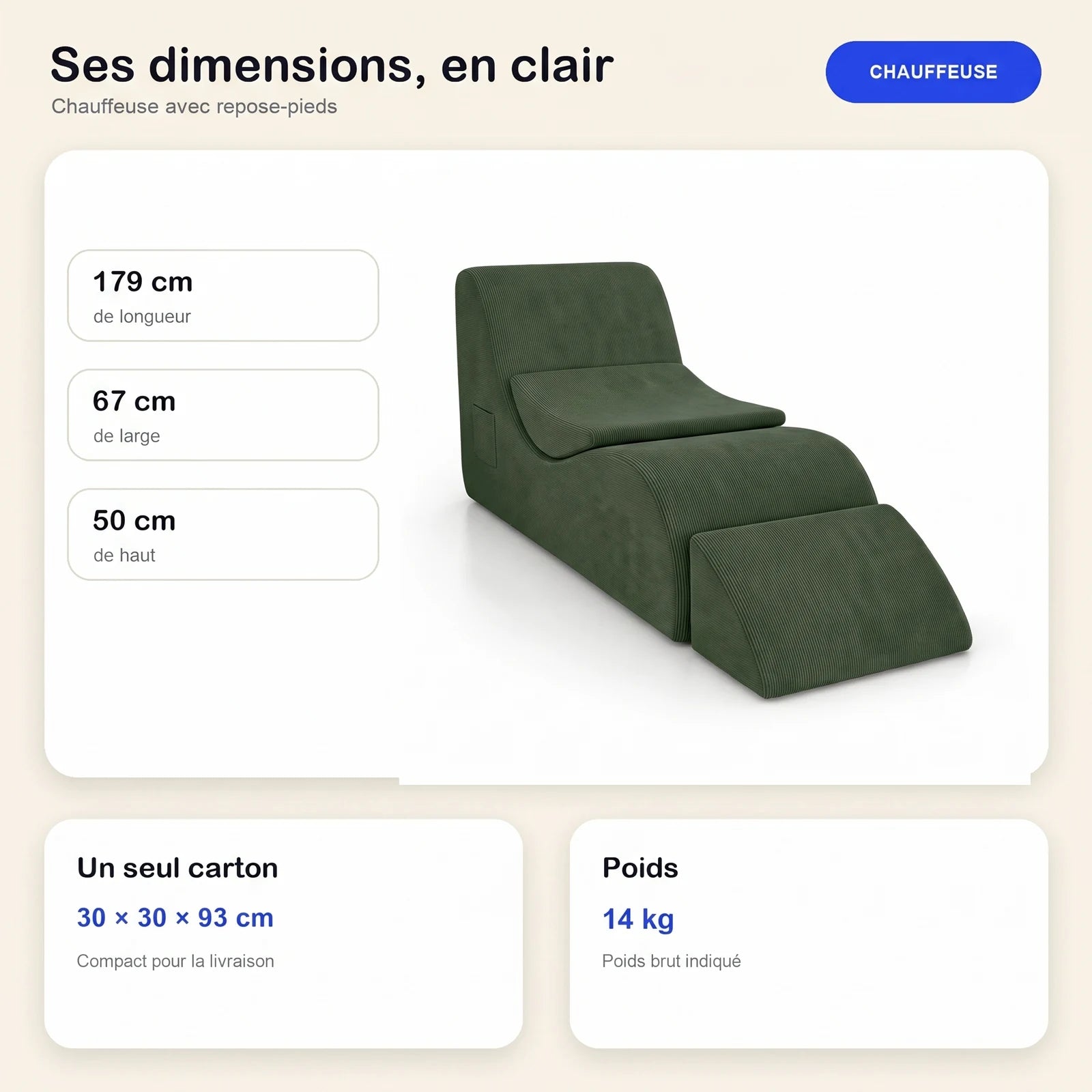 #Vert Méridienne Wave Lounger vert, dimensions 179 x 67 x 50 cm, carton de 30 x 30 x 93 cm, 14 kg