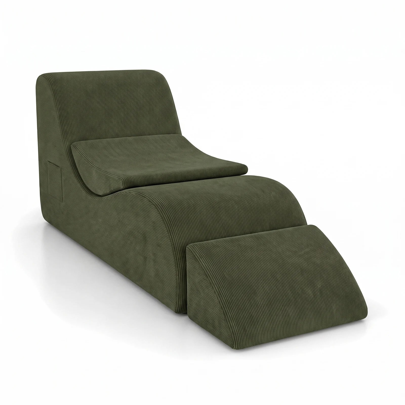 #Vert Méridienne Wave Lounger vert, vue de trois quarts droite avec son repose-pieds