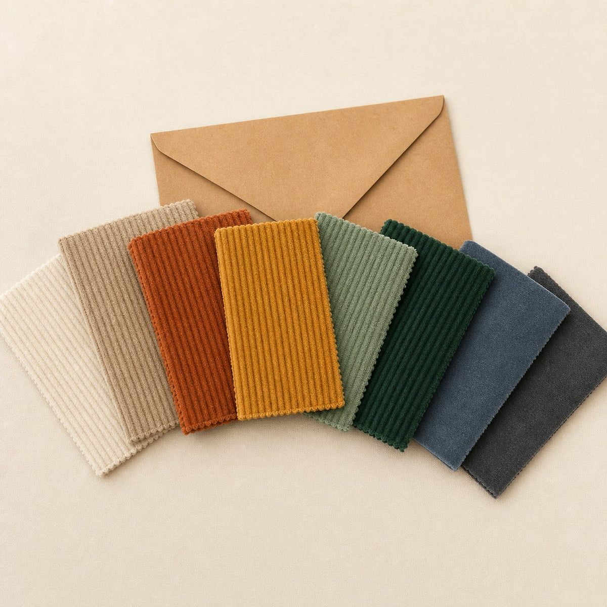 Pochette d'échantillons Comfeo : huit chutes de velours côtelé en éventail devant l'enveloppe kraft