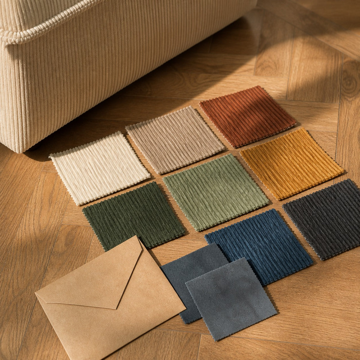Échantillons de tissu Comfeo posés sur un parquet à côté d'un canapé en velours côtelé