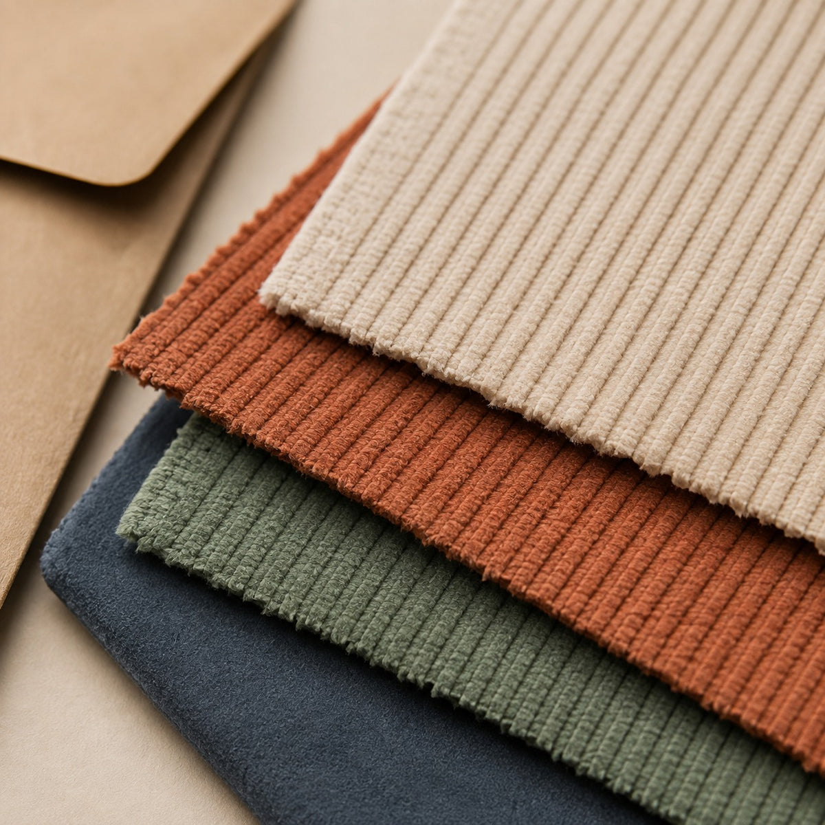 Macro des matières Comfeo : velours côtelé à grosses côtes et microfibre suédine